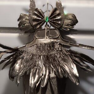 Magical Maleficent Costume Girls Black Tulle Dress Feather collar horn headband